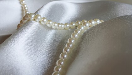 Elegant white pearl necklace draped gracefully on a luxurious silk fabric