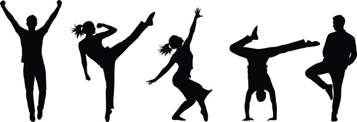 Silhouette dancers and athletes in dynamic poses, energetic movement art, fitness action illustration, martial and contemporary dance, cad drawing flat vector illustration
