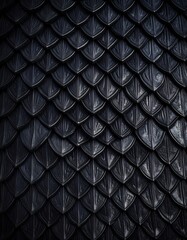 Close-up of dark, overlapping, stylized metallic scales