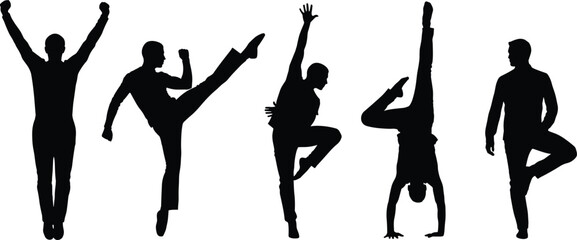 Silhouette dancers in dynamic poses, energetic movement art, martial arts action, fitness expression, contemporary dance illustration, cad drawing flat vector illustration