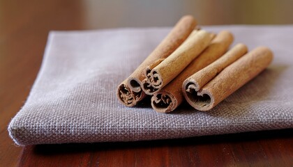 Cinnamon sticks arranged on rustic linen napkin on a wooden surface