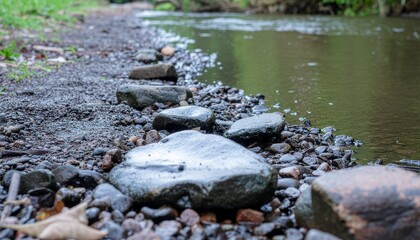 Stone pathway leads along tranquil riverbank, showcasing natural beauty and serene environment