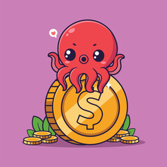 Cute Vector Illustration of a Red Octopus Sitting on Giant Gold Dollar Coin with Heart Bubble and Leaves on Purple Background