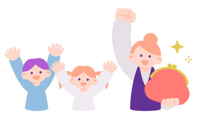お財布を持って喜ぶ女性と子どもたちのイラスト