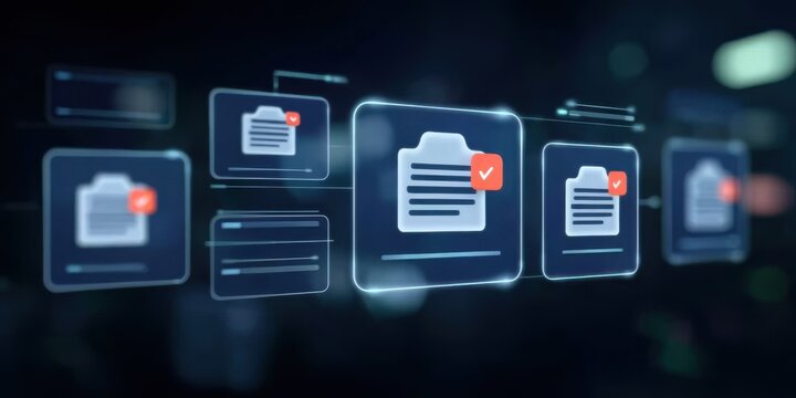 A futuristic digital ledger combining report publishing and online document structure supported by a sorted folder ensuring solid information management