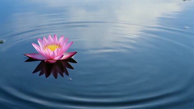 Vibrant pink lotus blossom gracefully floats on tranquil blue water, its delicate reflection shimmering as gentle ripples expand, creating a serene and peaceful natural tableau