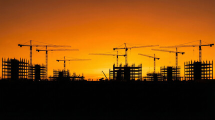 Silhouette of multiple tower cranes and partially completed building structures against a dramatic orange sunset or sunrise. Symbolizes economic development, construction boom, and urban progress.