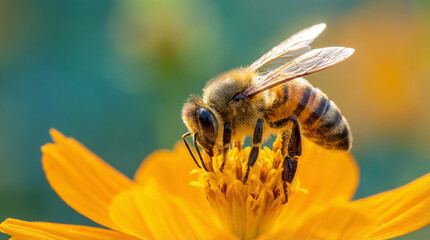 Extreme close-up of a honey bee (Apis mellifera) pollinating a bright yellow Cosmos flower. Focuses on nature, ecology, conservation, and the natural process of pollination.