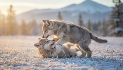Two playful wolf cubs wrestling in a frosty, snowy landscape with mountains background