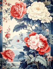 Close-up of lush, colorful peonies and foliage