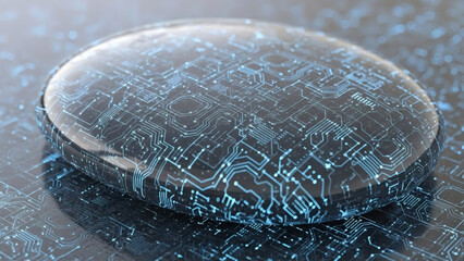 Close-up of a futuristic dark oval object with glowing blue circuit patterns on a reflective surface, symbolizing advanced technology and digital innovation.