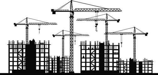 Urban construction site with multiple tower cranes and high-rise buildings under development, industrial skyline silhouette, cad drawing flat vector illustration