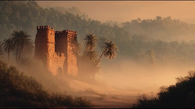 Ancient fortress structure with palm trees and sand in morning mist