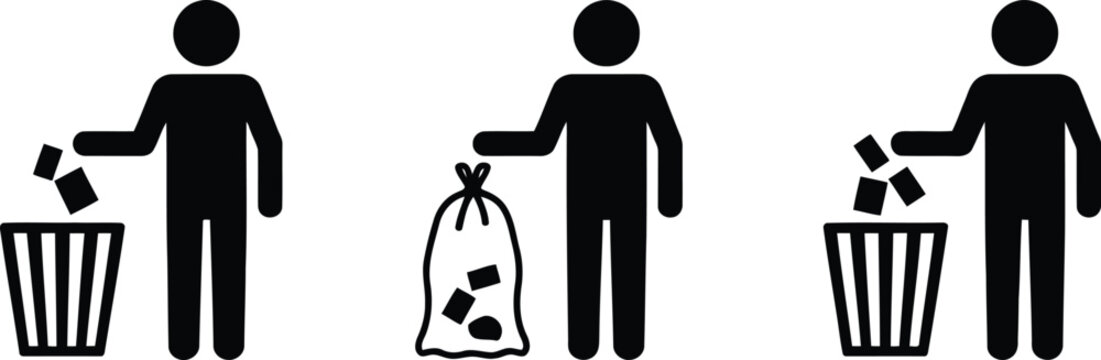 Simple black human stick figure icons demonstrating proper waste disposal practices for keeping areas clean