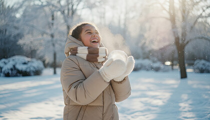 Happy girl playing with snow laughing outdoors in sunny winter day child having fun