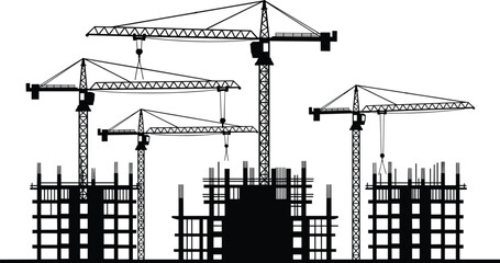 Urban construction site, tower cranes, high-rise buildings, structural framework, silhouette style, engineering, development, skyline, cad drawing flat vector illustration