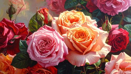 Close-up of vibrant rose blooms in shades of pink, red, and peach