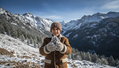 Boy holding pine cone in snowy mountains looking at camera winter landscape