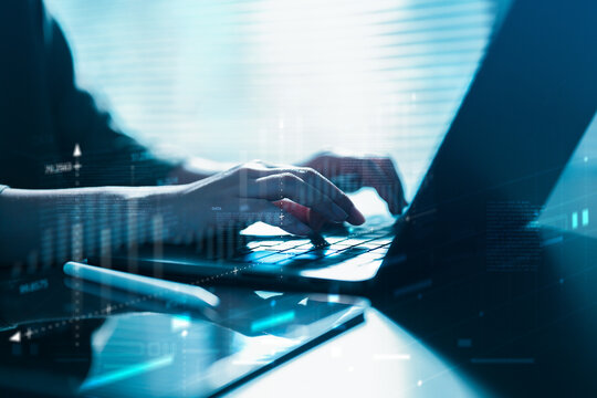 data, flow, network, connection, analytics, cloud, system, stream, Hands typing on a laptop with digital data overlays represent data flow, network connectivity, and advanced cloud analytics. - Powered by Adobe
