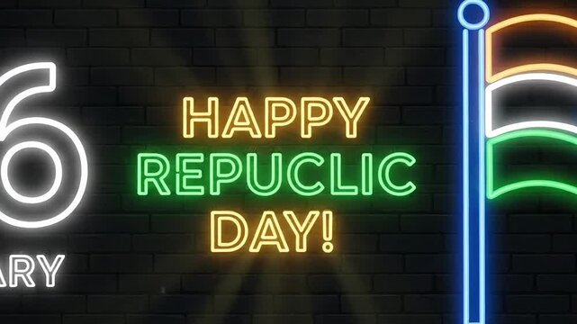 Republic Day of India on 26 January with neon tricolor flag video motion animated footage and animation showing Independence theme and Independent national pride in modern patriotic background today