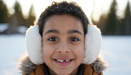 Close up portrait of a young boy smiling in winter with fluffy earmuffs