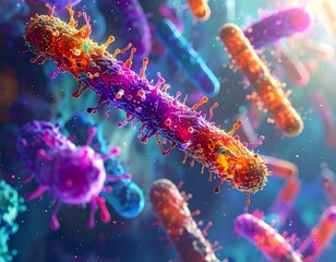 Close-up view of bacteria, vibrant colors, microscopic world