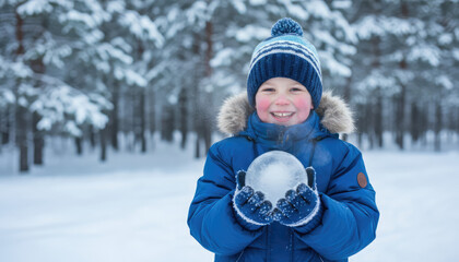 Happy boy in a blue winter jacket holding a frozen water ball in snowy forest