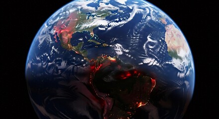 Earth from space with glowing fires on the planets surface. Planet on fire as a concept of global warming and climate change caused by wildfire issues.