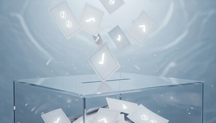 Digital representation of votes falling into transparent ballot box with checkmarks