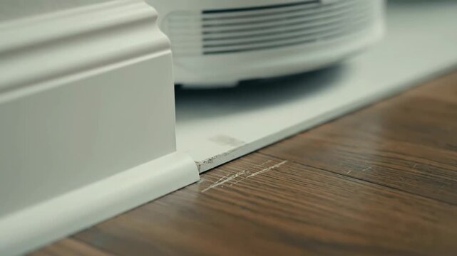 Automated vacuum cleaner cleaning a hardwood floor near baseboard