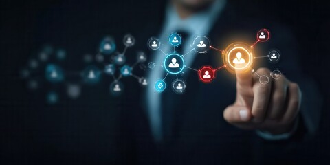 A human analyst examining performance rhythms shaping management strategy rendered in a high tech network graph