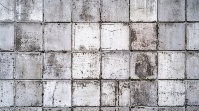 Close-up fragment of brutalist concrete building wall with exposed aggregate finish meeting geometric interlocking pavers, water stain patterns creating natural gradient, urban decay aesthetics with
