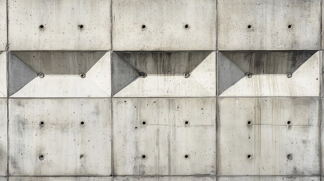 Close-up fragment of brutalist concrete building wall with exposed aggregate finish meeting geometric interlocking pavers, water stain patterns creating natural gradient, urban decay aesthetics with