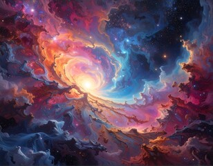 Cosmic nebula painting in vibrant colors of swirling clouds and stars