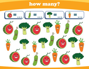 Counting game of fruits for preschool kids. Printable. Vector Illustration