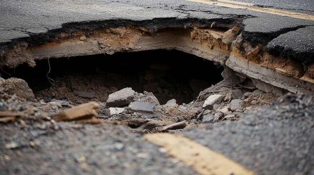 Close-up perspective of deep infrastructure collapse showing layers of road construction, damaged pipeline visible at bottom of cavity, surrounding asphalt buckling under stress, documentary-style