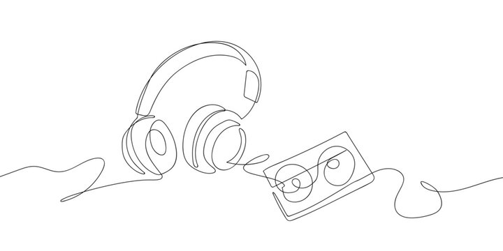 Headphones and cassette tape in one continuous line simple linear style. Doodle vector illustration Editable stroke.
