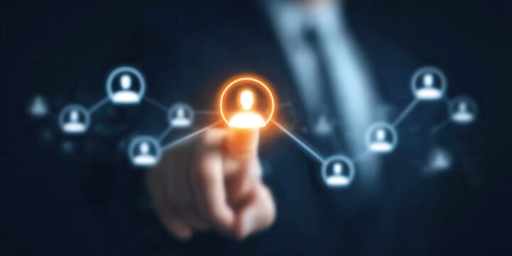 A human analyst integrating performance evaluations into streamlined management strategy portrayed via a glowing network graph