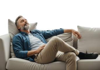 Man relaxing on sofa isolated on transparent background