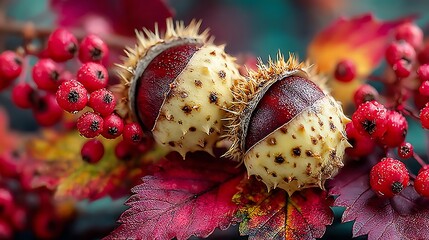 Close Up of Two Horse Chestnuts with Red Berries and Autumn Leaves conkers spiky