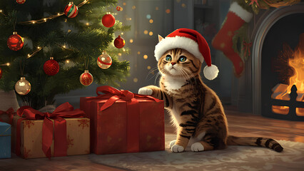Christmas Kitten Adorable Cat with Presents Under Decorated Tree by Fireplace