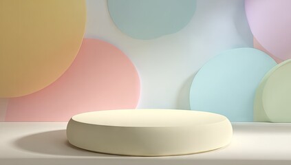 Neutral podium display with pastel background for product presentation