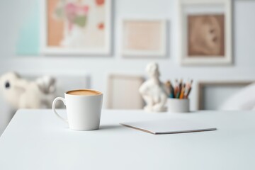 Bright minimalist home office desk setup with white coffee mug and blank notebook, perfect for inspiring creative work, focused study, or a serene relaxing break.