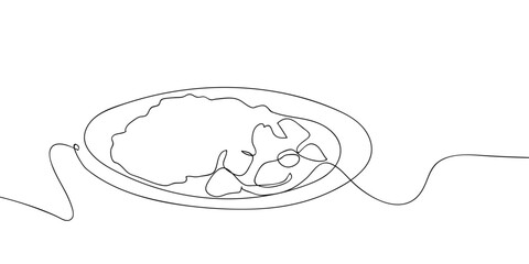 Curry rice, Japanese food, in one continuous line simple linear style. Doodle vector illustration Editable stroke.