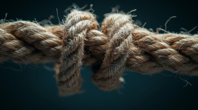 Nautical hemp rope severely frayed in center, individual fibers splaying outward, extreme close-up macro photography, dramatic studio lighting, moment of imminent tension break