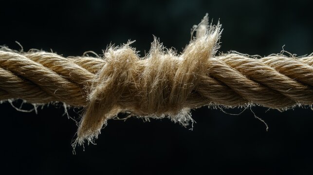Nautical hemp rope severely frayed in center, individual fibers splaying outward, extreme close-up macro photography, dramatic studio lighting, moment of imminent tension break