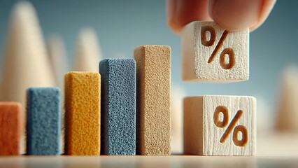 Hand placing wooden block with percentage sign on rising bar chart representing interest rate or financial growth concept