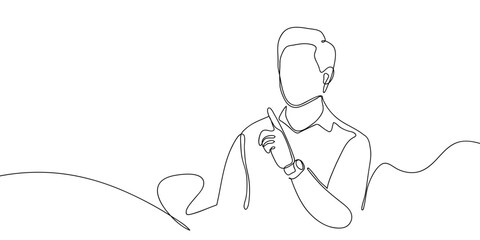 Smart man pointing his finger upwards in one continuous line. simple linear style. Doodle vector illustration Editable stroke.