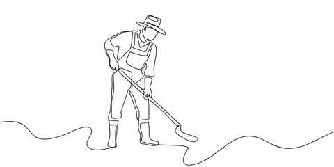 Farmers are digging the soil to do gardening in one continuous line. simple linear style. Doodle vector illustration Editable stroke.