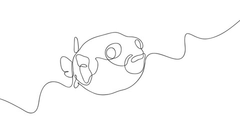 Puffer fish in one continuous line simple linear style. Doodle vector illustration Editable stroke.
